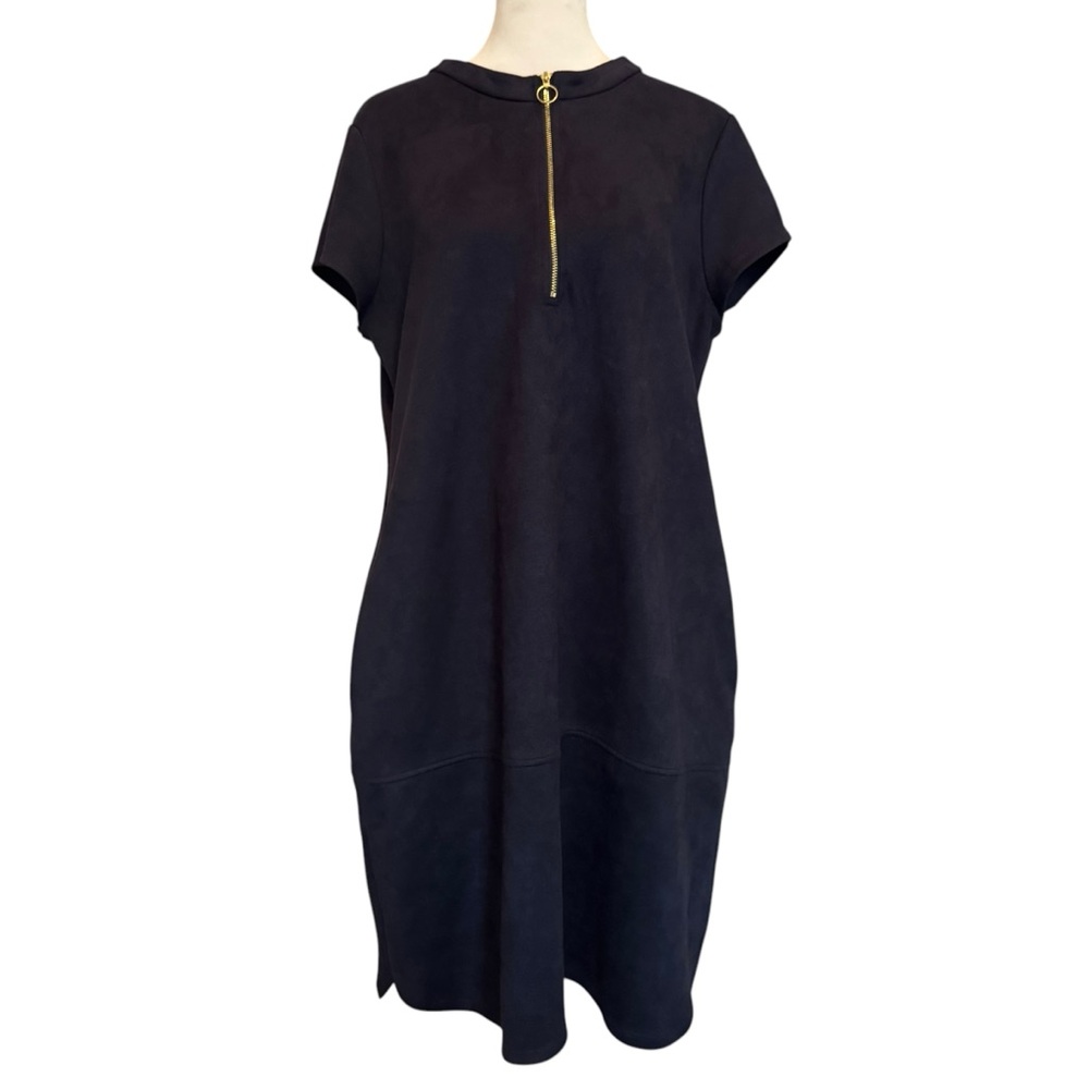 Kensie Deep Navy Blue Midi Shirt Dress with Mock Neck and Short Sleeves